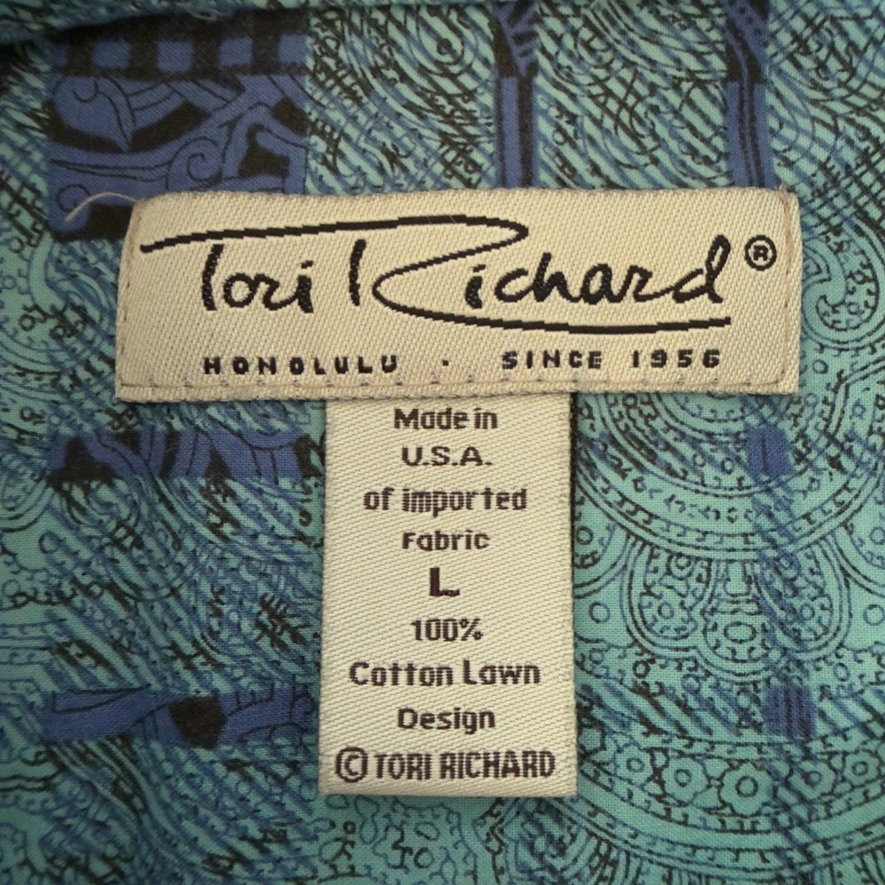 Vintage 90's Tori Richard Shirt Mens Large Blue Green Cotton Lawn Hawaiian Plaid - Picture 3 of 9